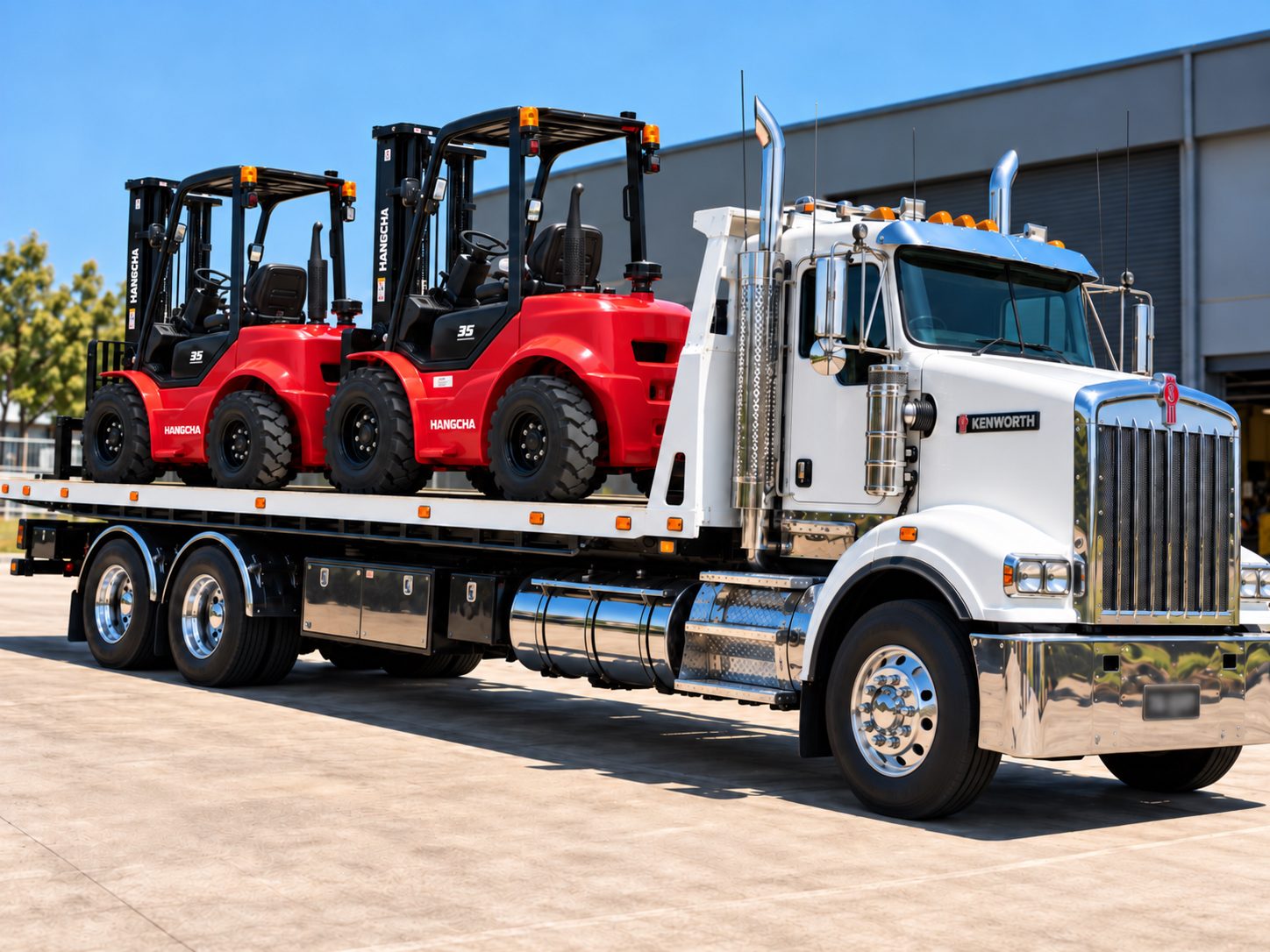 Two Hangcha forklifts on a Kenworth transport truck
